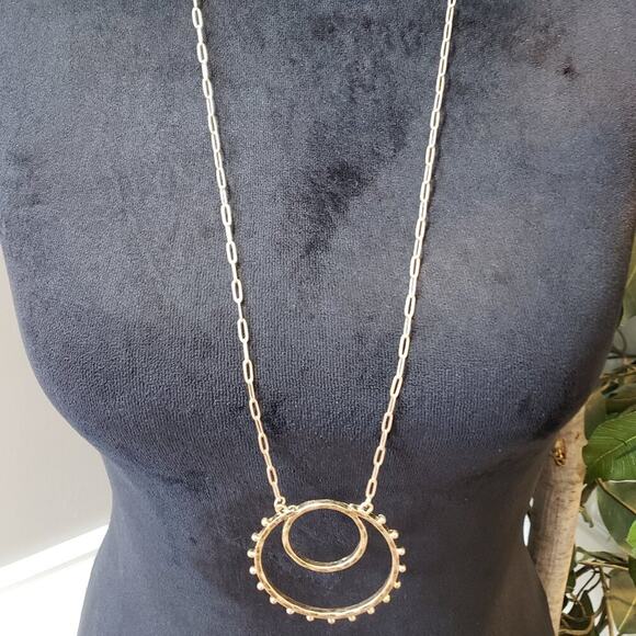 Womens Fashion Gold Tone Double Circle Long Pendant Paper Clip Chain Necklace - Picture 1 of 6